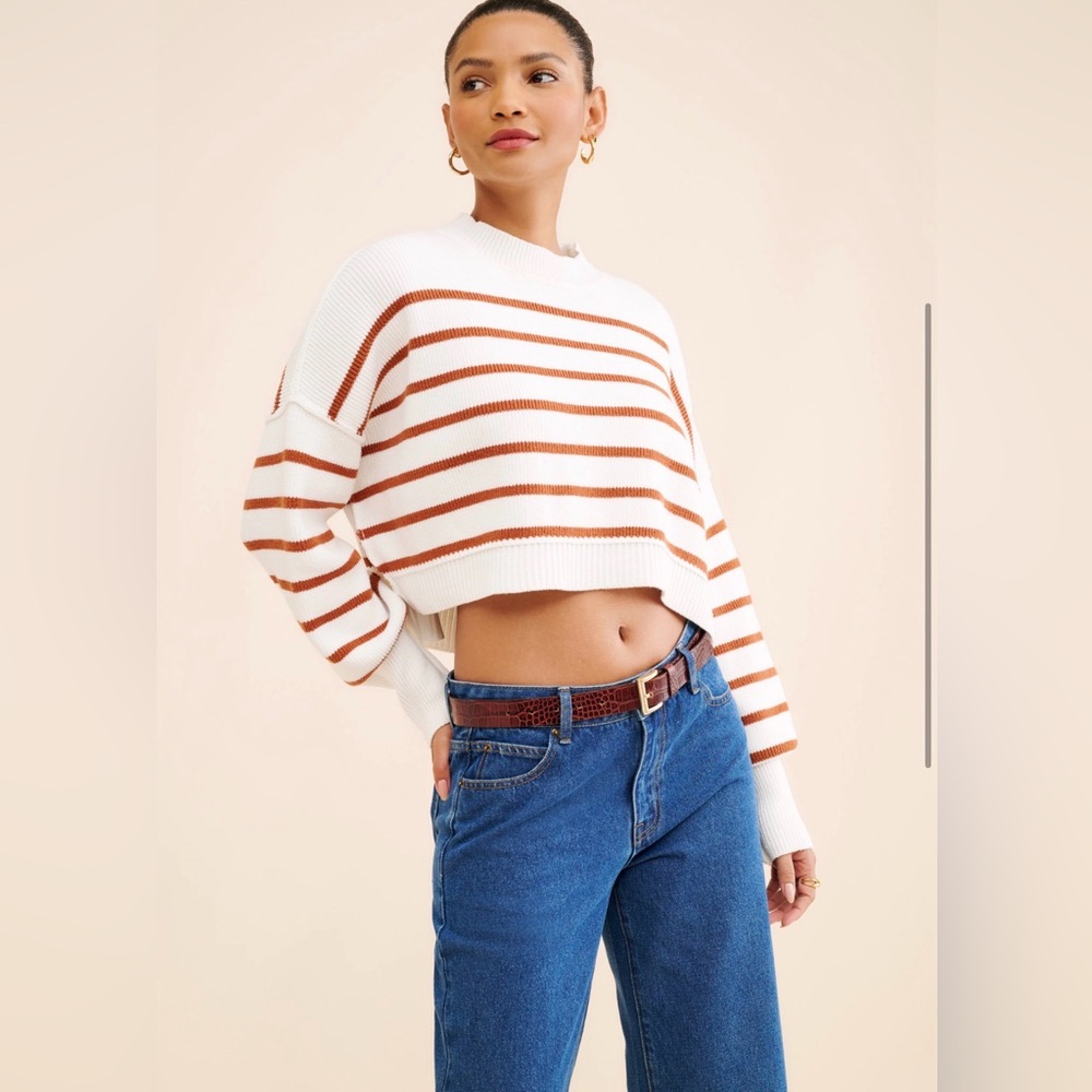 Free People White and Brown Striped Sweater